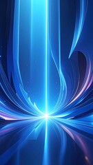 Luminous blue light beams down, reflected in sleek ground, surrounded by curved shapes