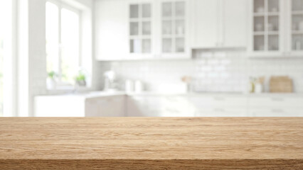 Wooden Tabletop Surface with Bright Kitchen Interior Background. Counter and Decor.