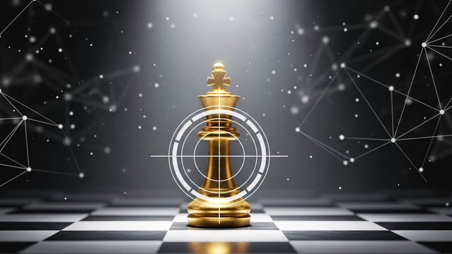 Elegant golden chess king piece on a chessboard with a futuristic digital network background symbolizing strategy and leadership in business and technology
