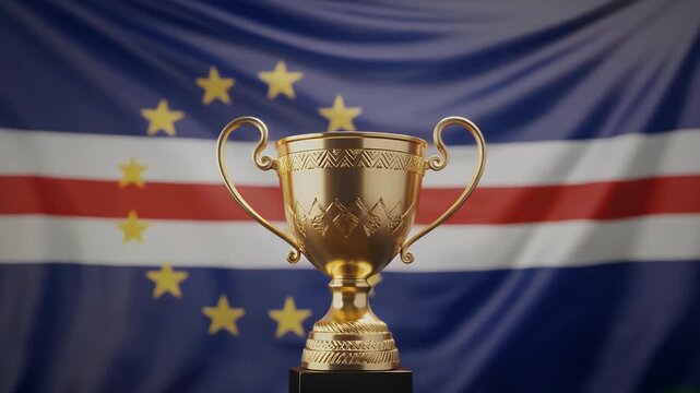 Golden trophy cup on black stand with Cape Verde flag background