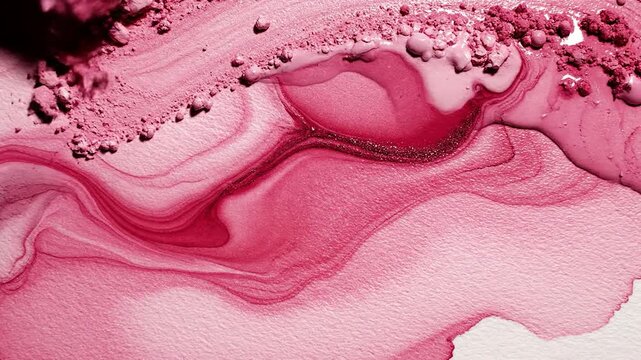 Abstract pink & magenta fluid swirls, textured paper, powder, glitter, & spherical drops