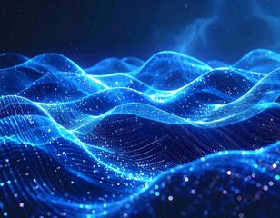 Luminous blue waves cascade across a dark, starlit scene with ethereal blue nebula above