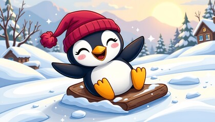 An animated penguin character sitting in the snow with a cheerful expression. It's wearing a red hat and has its feet resting on a log