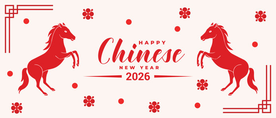 Chinese New Year card with red horse and gold frame.  Modern Chinese New Year 2026 posters featuring the Year of the Horse, lanterns, festive red colors, and elegant Asian graphic design.