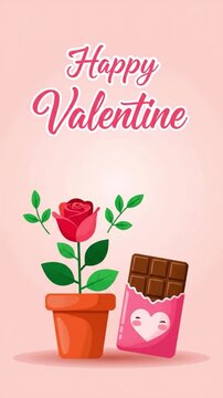 Vertical cartoon illustration showing a sweet rose and chocolate bar for a pink valentine greeting.