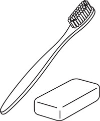 Minimalist Line Art Toothbrush & Bar Soap &ndash; Daily Hygiene Essentials Vector for Dental Care, Bathroom Design, Wellness & Skincare Brands