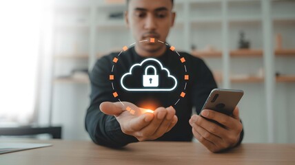 Man protecting cloud data on smartphone with secure lock