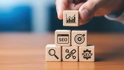 Hand stacking wooden blocks with seo and marketing strategy icons on a desk