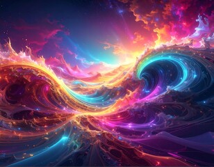 Colorful abstract artwork of waves blending into a vibrant sky
