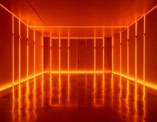 Luminous corridor glows with orange neon lighting reflected off a glossy floor