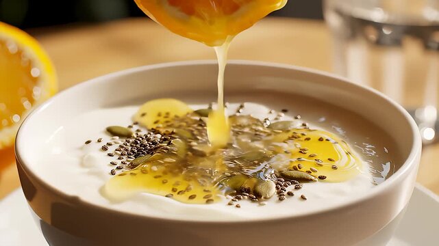 Person Squeezing Fresh Orange Over Bowl of Yogurt With Seeds Close Up