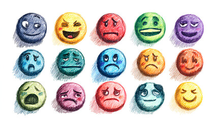 Colorful crayon emoji faces doodle style hand drawn cartoon emoticons with different moods and feelings stock vector on white background