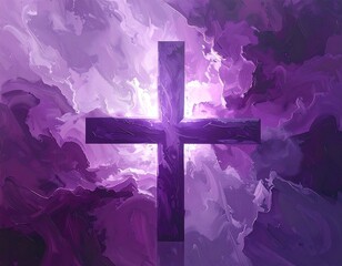 Luminous cross artwork, purple hues swirl like smoke, evoking spirituality and reverence