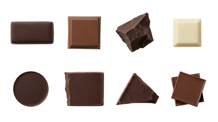 Gourmet Chocolate Collection Variety Set with Dark Milk White Ganache Praline Chunks and Squares Isolated White Background