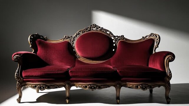 Elegant vintage velvet red sofa with ornate carved frame in dramatic lighting.