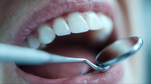 Close up dental examination showing healthy teeth and dental mirror