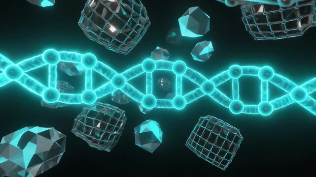 A vivid turquoise DNA double helix winds through space, surrounded by geometric nanostructures and translucent cubes, evoking molecular choreography, data-driven biology, and nanoscale visualization.