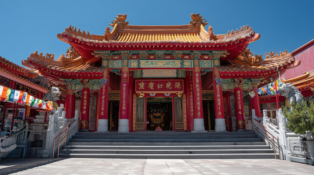 Vibrant Chinese temple interior with ornate golden carvings, red pillars, and intricate decorations, reflecting rich culture, spirituality, and traditional architecture.