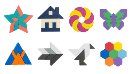 Educational Tangram Geometry Puzzle Set Featuring Star House Butterfly Bird and Hexagon Flower in Vibrant Minimalist Style