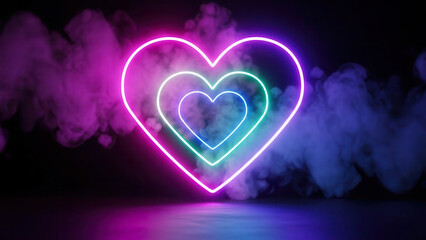 Vibrant neon hearts glowing with magenta, cyan, and blue amidst mystical smoke