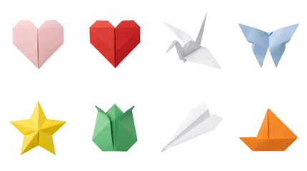 Origami Paper Craft Collection Featuring Heart Crane Butterfly Star and Tulip in Minimalist Style