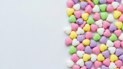 Obraz premium Assortment of vibrant pastel heart-shaped candies scattered on a clean white background