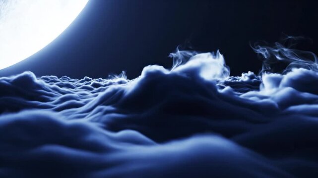 Ethereal dark blue clouds billow under a bright, glowing moon-like sphere at night