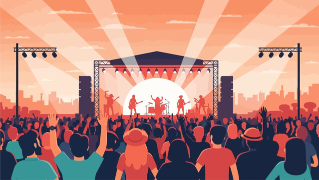 This flat design illustration captures the energetic atmosphere of a music festival, with a diverse crowd cheering enthusiastically in front of a brightly lit main stage. 