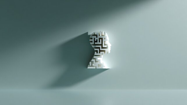 Abstract maze inside human silhouette, overthinking concept, double exposure illustration, minimal background, copy space for text