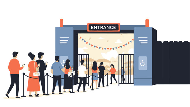 This flat design illustration depicts people queuing and entering a music festival through a stylized gate, highlighting the initial steps of attending a large event. 