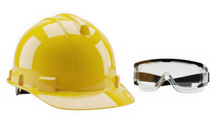 Yellow hard hat and safety glasses on transparent background isolated