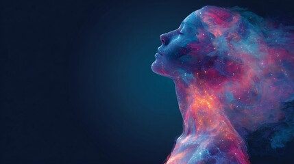 Human profile filled with cosmic galaxy and light trails, mind expansion concept, futuristic surreal art, clean background, copy space