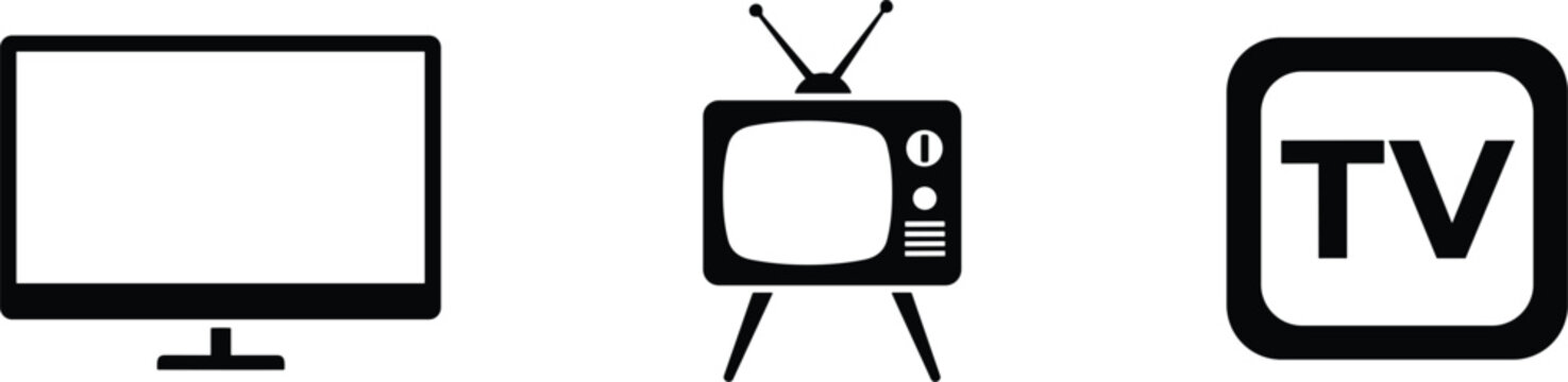 Set of black television icons including modern flat screen monitor vintage retro tv set and digital media app logo.