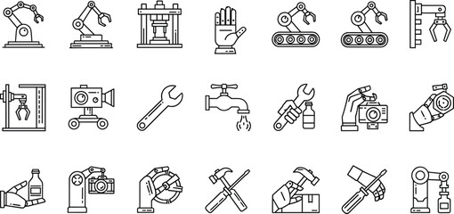 Obraz premium Industrial Automation Line Art Icon Set Featuring Robotic Arms, Mechanical Tools, Factory Assembly Systems, Smart Manufacturing Technology, and Engineering Repair Concepts