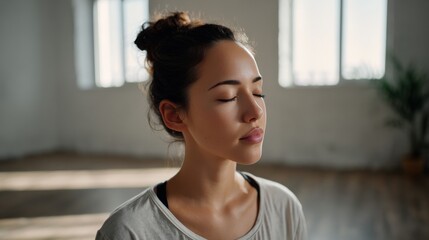 Young woman meditating in a white room