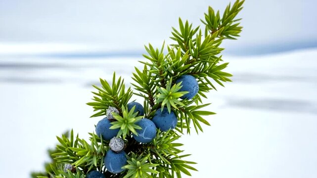 Juniper Berries on Snowy Background Closeup.