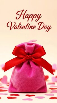 Romantic vertical digital greeting card of a pink gift bag and confetti wishing "happy valentine day."