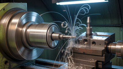 Industrial lathe machine performing high precision metal cutting