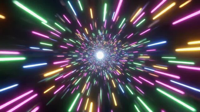 Colorful neon light trails warp speed loop, futuristic hyper-speed tunnel through space, vibrant celebratory motion graphics background