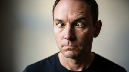 Fototapeta premium A man with a humorous cross-eyed expression showcasing confusion or playful disorientation indoors