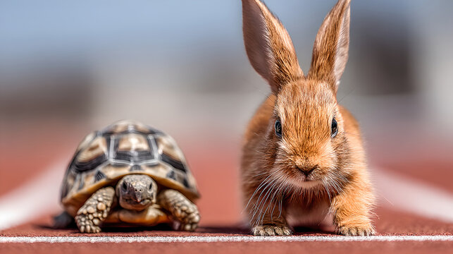 Large Determined Tortoise Faces Off Against Brown Rabbit On A Misty Road
