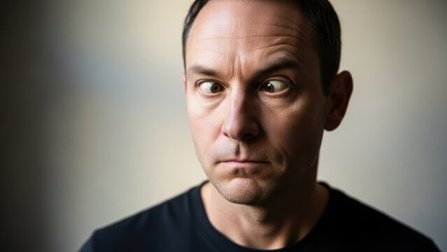 A man with a humorous cross-eyed expression showcasing confusion or playful disorientation indoors
