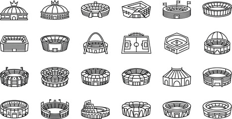 Set of Stadium and Arena Line Art Icons for Sports Architecture, Football Field Diagrams, Event Planning, and Urban Venue Navigation © Utpal