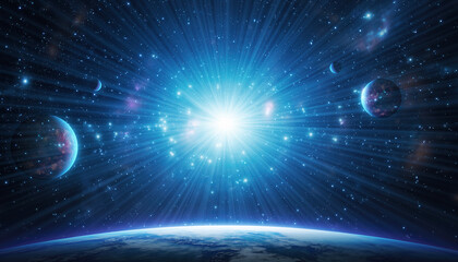 Obraz premium 宇宙の夜明けと放射する光：Cosmic Dawn with Radiant Light 