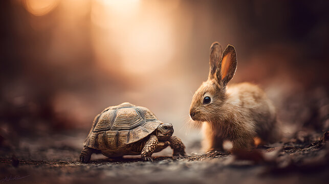 Profile View Of Small Baby Tortoise Looking At White Fluffy Young Rabbit