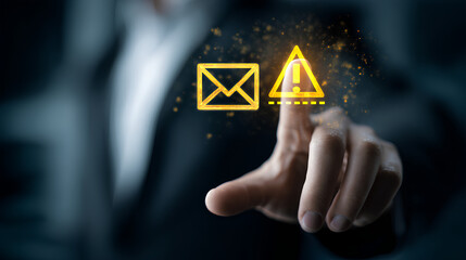 Email security software detecting phishing or scam mail displaying warning alert business person touching email icon to delete malicious emails