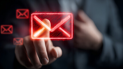 Email security software detecting phishing or scam mail displaying warning alert business person touching email icon to delete malicious emails