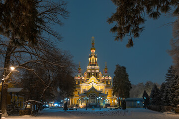 Naklejka premium Built in 1907, the Orthodox Ascension Cathedral in Almaty, Kazakhstan, is the tallest wooden Orthodox church and one of the 100 most famous buildings in the world.