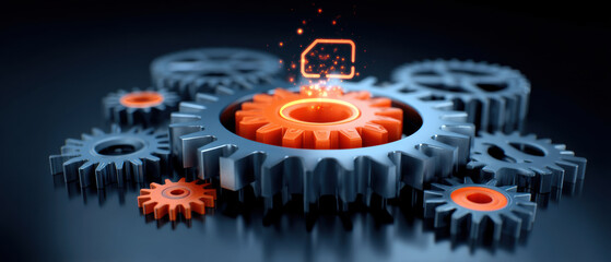Orange central gear among metal gears with glowing data icon and dynamic spark