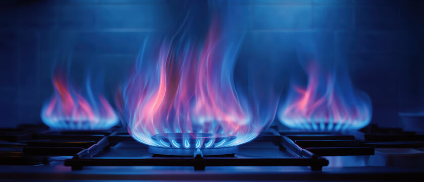 Blue gas flame on stovetop burner creating warm colorful glow and motion